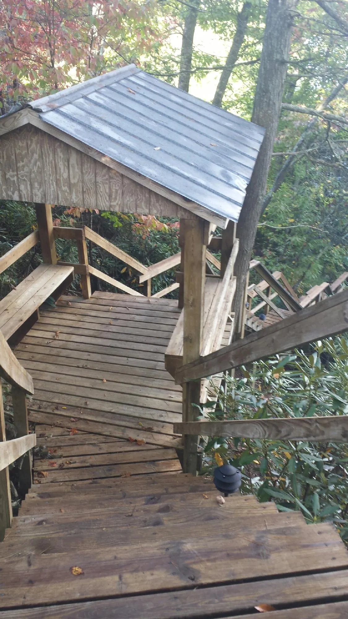 Metal roofed shelter over wooden steps on a wooded walkway — Skylight Repair & Installation work by our crew in Wilmore